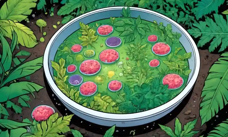 Microorganismos que descomponen residuos orgánicos en un plato de petri rodeado de vegetación exuberante.