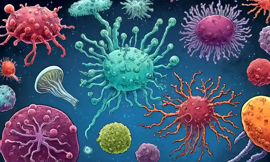 Imágenes microscopio de microorganismos e ilustraciones que explican las relaciones simbióticas.