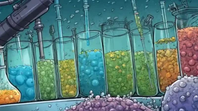 Los microbios se multiplican bajo los toboganes microscopios entre tanques de fermentación y pipetas.