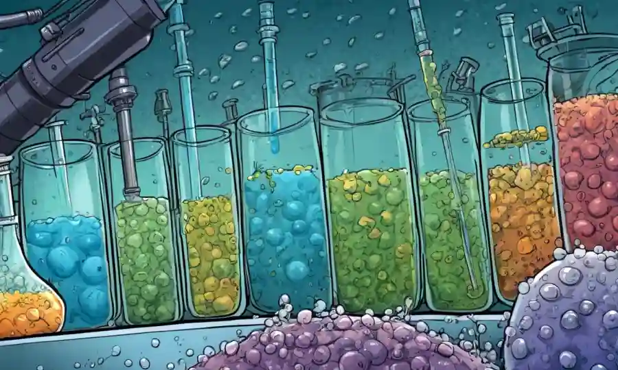 Los microbios se multiplican bajo los toboganes microscopios entre tanques de fermentación y pipetas.