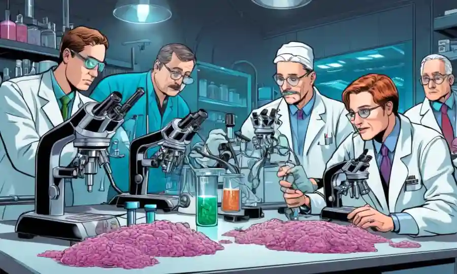 Escena de laboratorio con microscopios y científicos que estudian culturas bacterianas utilizadas en la fermentación alimentaria.