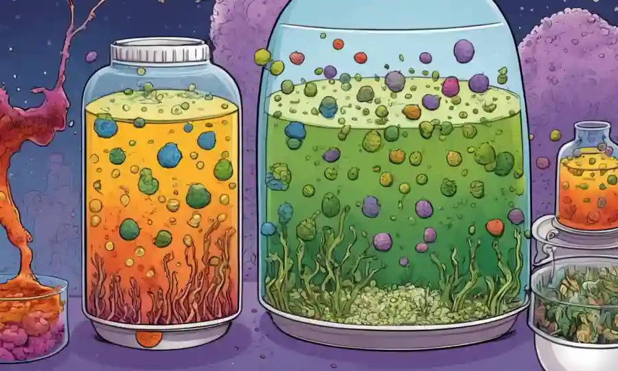 Microbios que prosperan en vatios de fermentación con gráficos y diagramas coloridos que ilustran sus efectos beneficiosos.