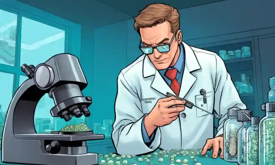 Científico en la capa de laboratorio examinando diapositivas de microscopio con organismos pequeños.