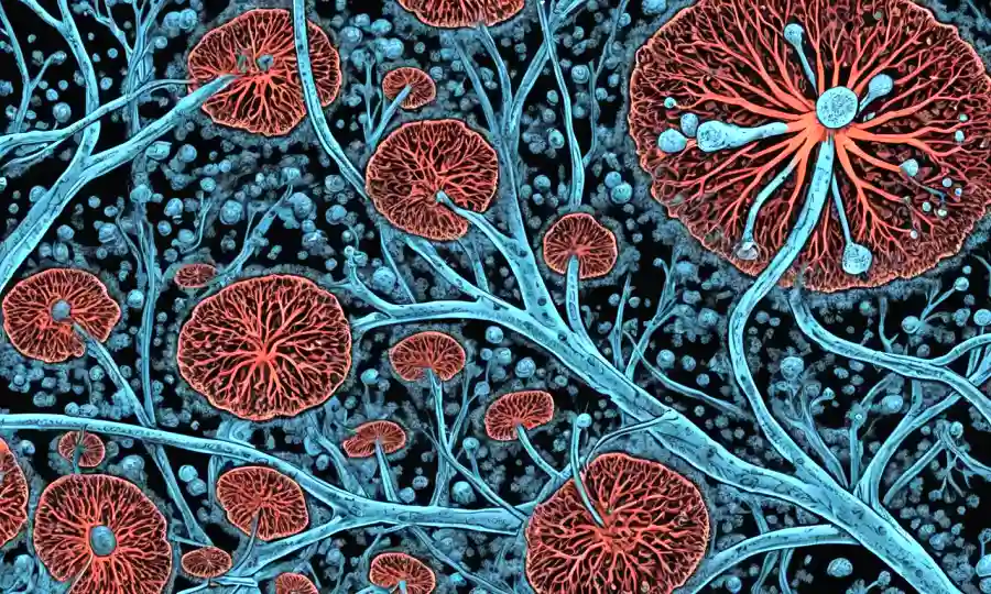 Una vista microscópica de hifas fúngicas (micelio) que rodean microorganismos con flechas indicando interacción.
