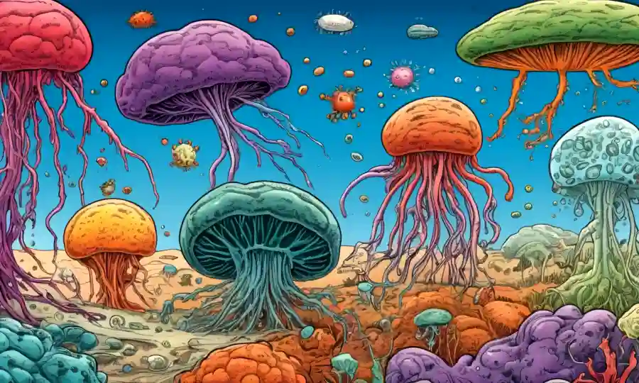 Diagrama colorido que ilustra la diversidad de microorganismos y sus relaciones.