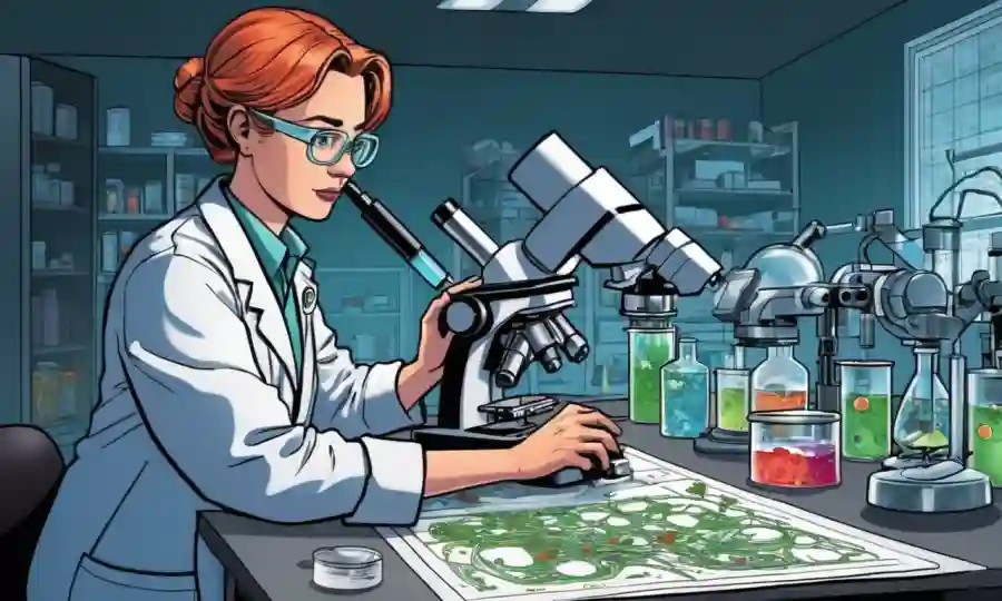 Científicos que estudian microorganismos bajo microscopio en medio de equipos de laboratorio y gráficos que representan la conexión.