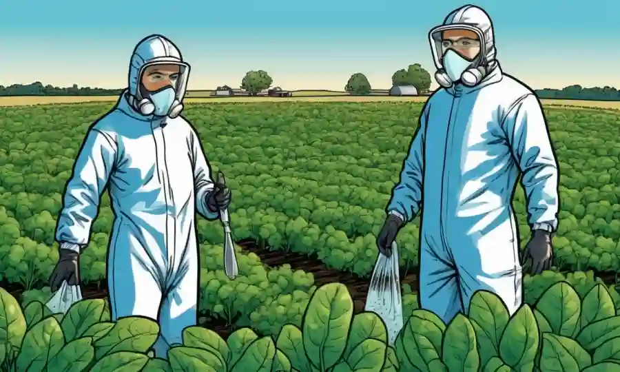 Los agricultores que usan engranajes protectores inspeccionan cultivos, con ilustraciones de microorganismos siendo controlados.