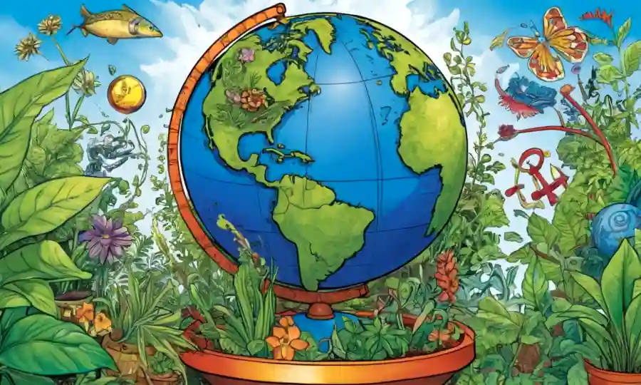Un globo con plantas que crecen alrededor de él, rodeado de símbolos para la educación y la conciencia.