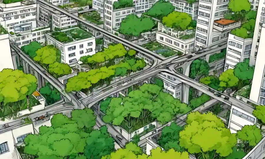Un paisaje urbano con vegetación y edificios interconectados, simbolizando el desarrollo urbano sostenible.