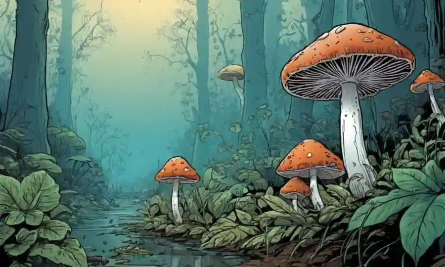 Una imagen de acercamiento de los hongos creciendo en un ambiente húmedo con un estilo de ilustración overlaid.