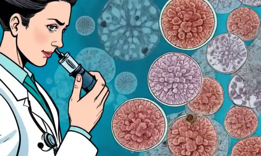 Un profesional médico que examina infecciones fúngicas con ilustraciones sobre un fondo de diapositivas del microscopio.