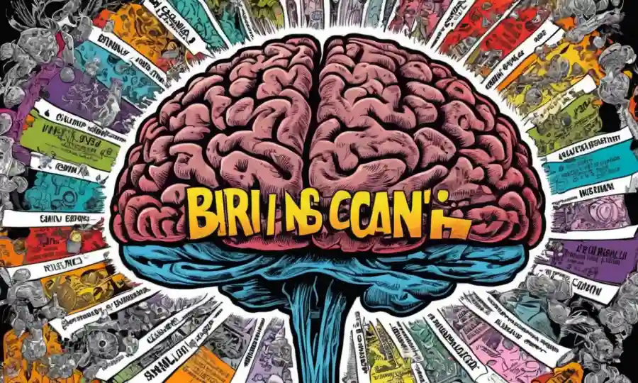 Una imagen de escaneo cerebral con varios colores y formas, rodeada de texto y etiquetas.
