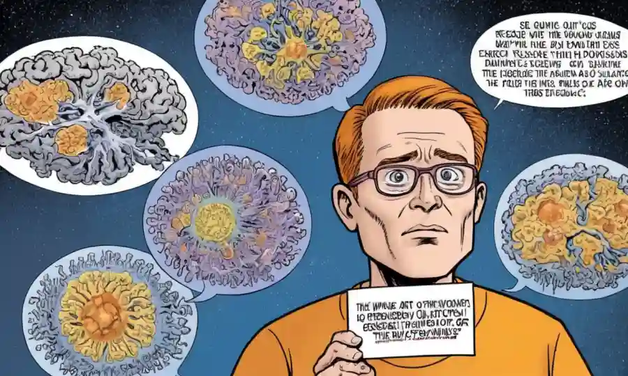 Una persona rodeada de mitos o información falsa que se debunked a través de evidencia de investigación sobre el tema de la esclerosis.