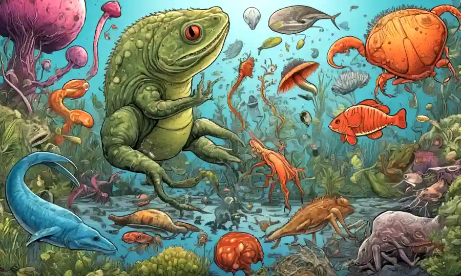 Ilustraciones de diversos organismos rodeados de diagramas de relaciones simbióticas.