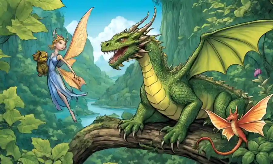 Ilustraciones de varias relaciones simbióticas entre criaturas míticas (por ejemplo, dragones y hadas) y los datos científicos que apoyan las interacciones eco-sistema.