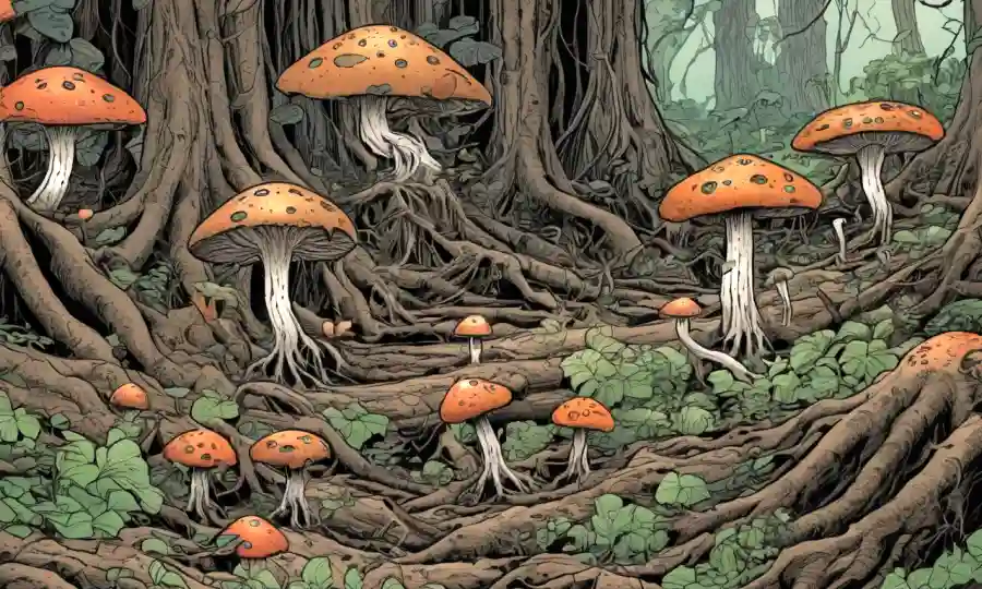 Fungi formando redes fúngicas bajo raíces vegetales, destacando su papel en relaciones mutualistas.