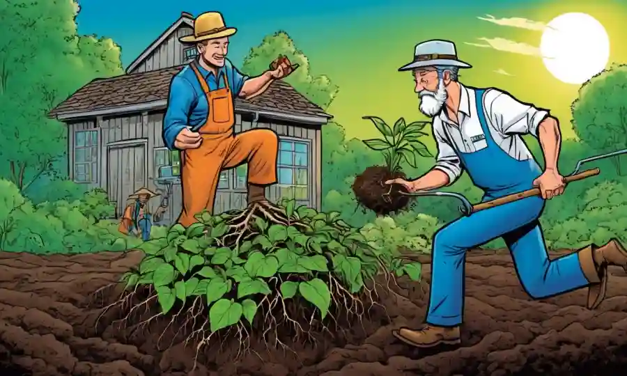 Farmer holding raíces de planta con científico en fondo de jardín de suelo.