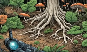 Una vista microscopio de hongos interactuando con las raíces vegetales.
