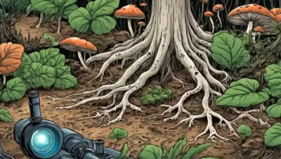 Una vista microscopio de hongos interactuando con las raíces vegetales.