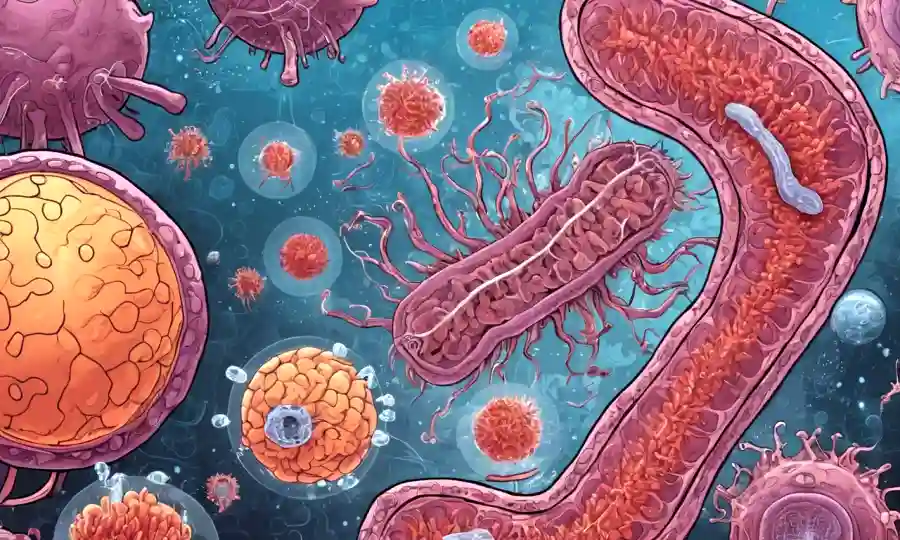 Cierre de microorganismos interactuando en el intestino humano, con diagramas e ilustraciones científicas.