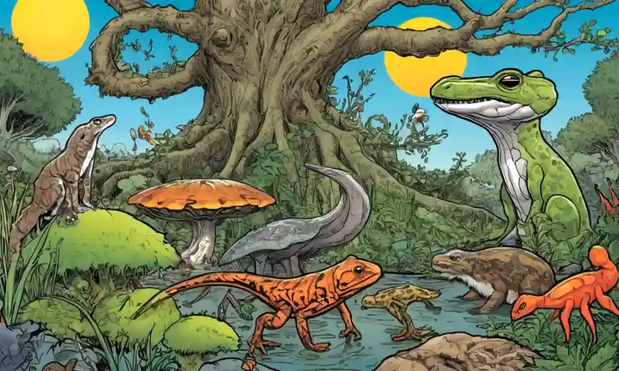 Imagen que ilustra diferentes tipos de relaciones simbióticas de diversos ecosistemas.