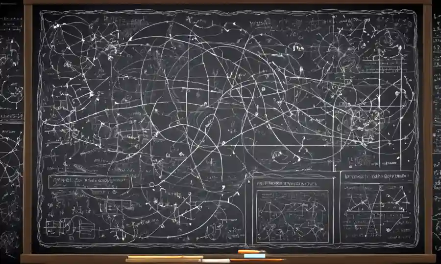 Diagramas científicos y ecuaciones en una pizarra con un fondo de elementos interconectados.