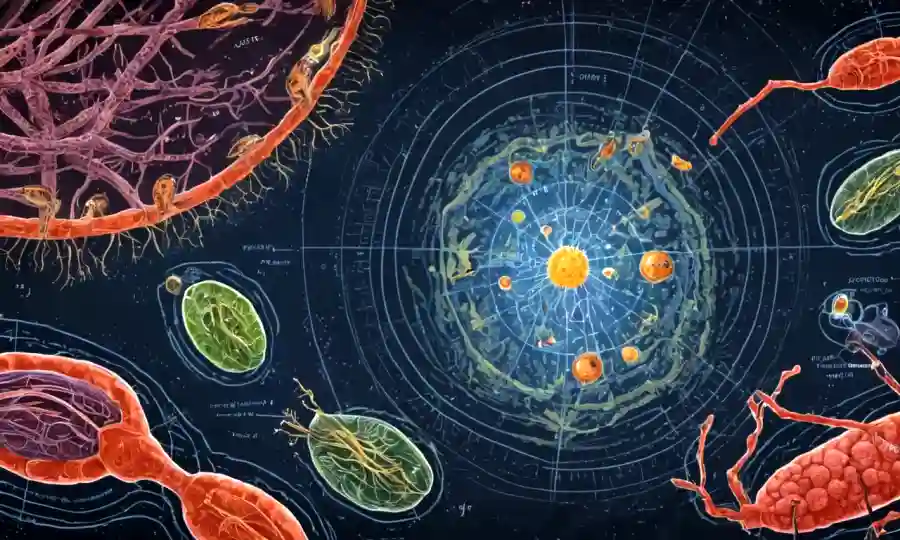 Imagen microscópica de parásitos interactuando con anfitriones entre diagramas complejos y gráficos científicos.