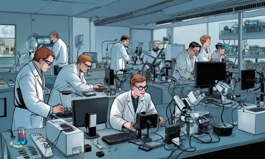 Técnicos analizando muestras fúngicas en computadoras, rodeados de equipos científicos y microscopios.