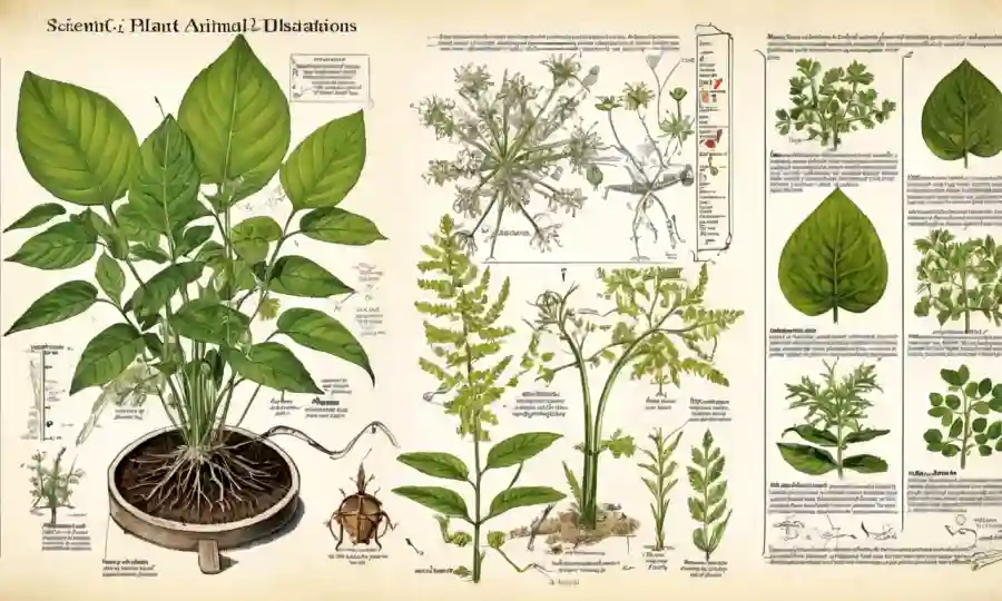 Ilustración científica de una planta o espécimen animal con notas y gráficos adjuntos.