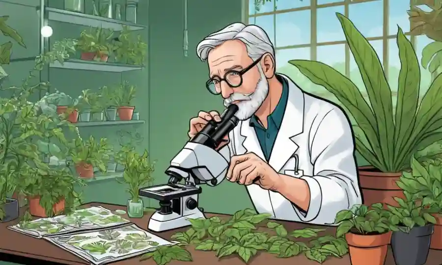 Científico botánico que estudia hojas bajo microscopio con varias especies de plantas en el fondo.