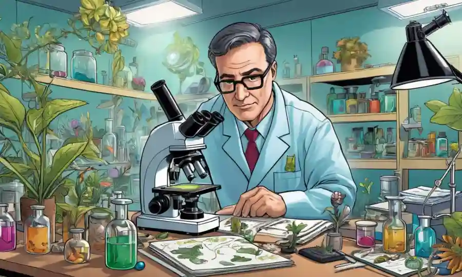 Científico rodeado de materiales de investigación, con microscopio y especímenes botánicos.