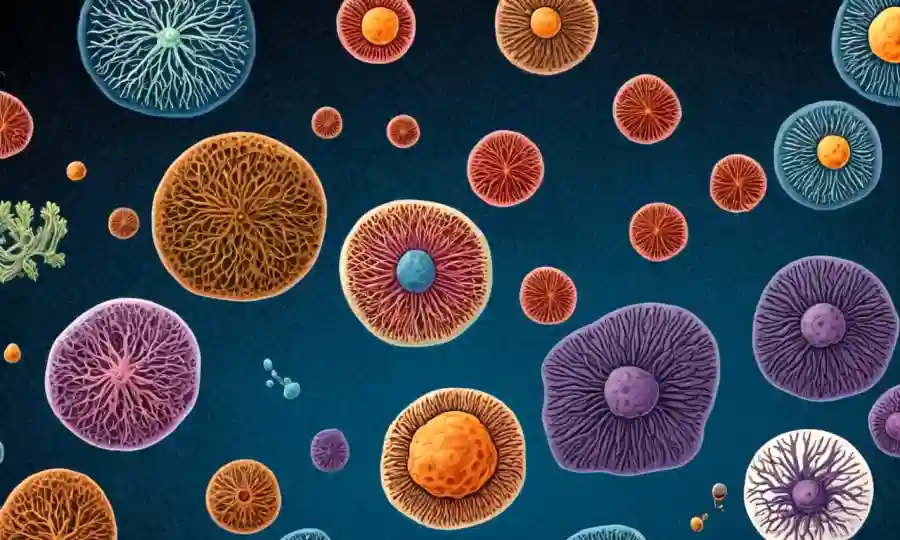 Imágenes microscópicas de esporas con ilustraciones científicas y diagramas.
