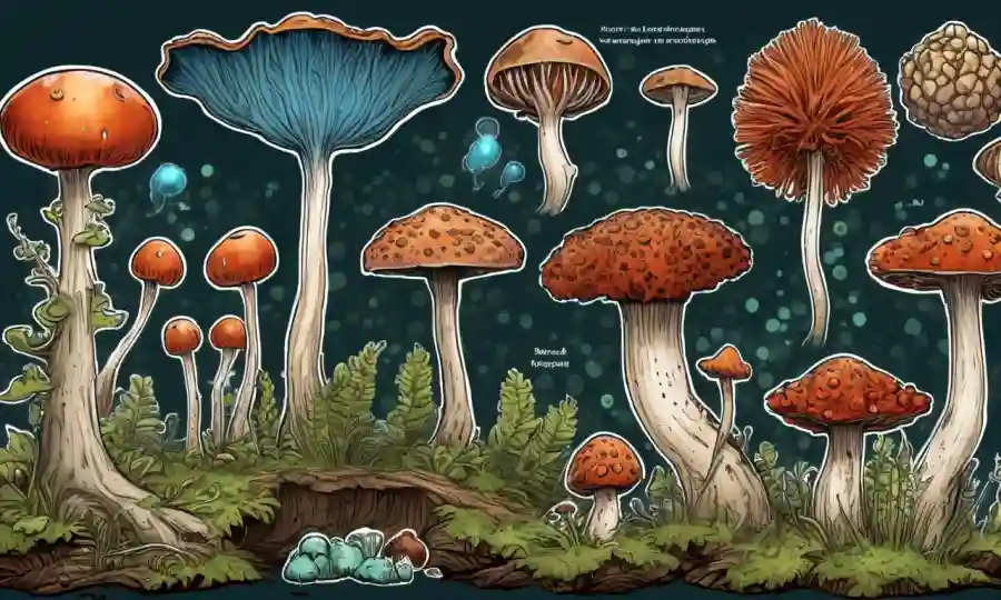 La ilustración muestra varias etapas de desarrollo de la espora, destacando la morfología fúngica y conceptos relacionados.