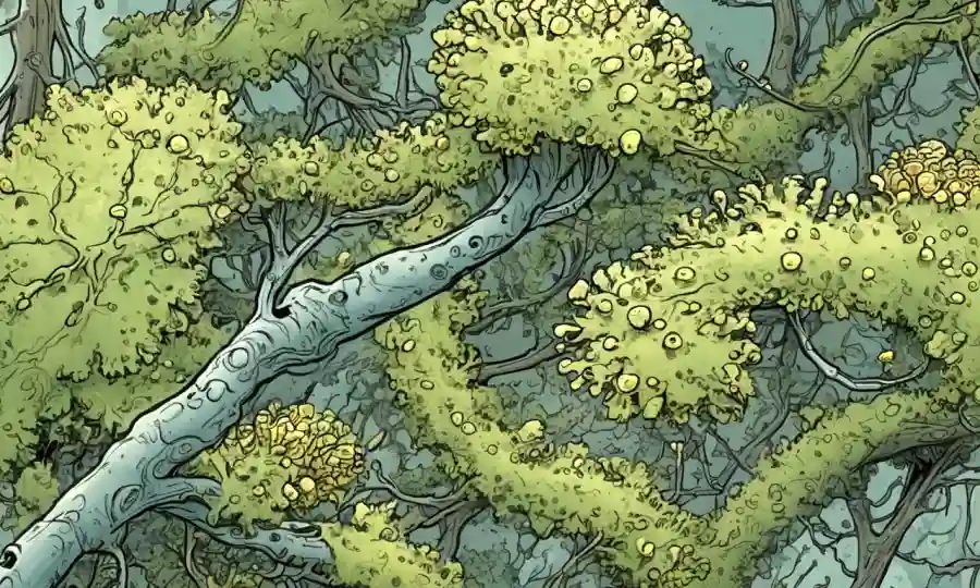 Ilustraciones de estructuras de lichen destacando sus formas y funciones clave.