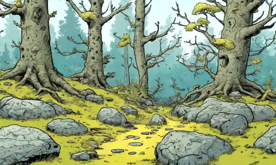 Árboles o rocas cubiertos por Lichen en un ecosistema forestal con flechas destacando estructuras y funciones clave.