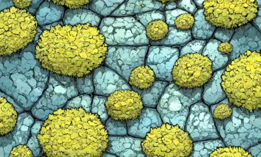 Liquens coloridos creciendo en varias superficies ambientales con estructuras morfológicas detalladas.