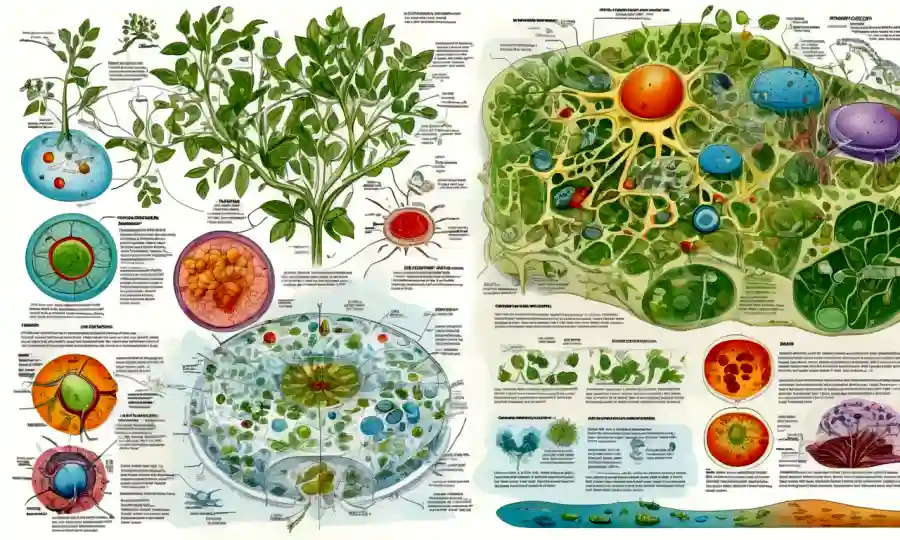Texto académico con diagramas morfológicos e ilustraciones de células vegetales destacando procesos moleculares.
