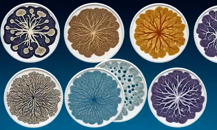 Imágenes microscópicas de micelio hongo mostrando variaciones morfológicas y patrones de crecimiento en un plato petri.