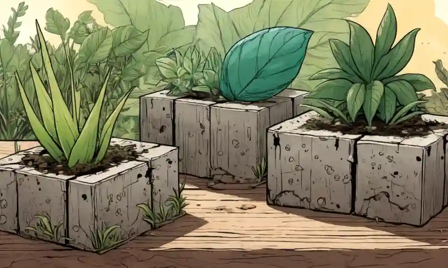Moldes creciendo en bloques de madera y plantas rodeadas de tonos terrenales.