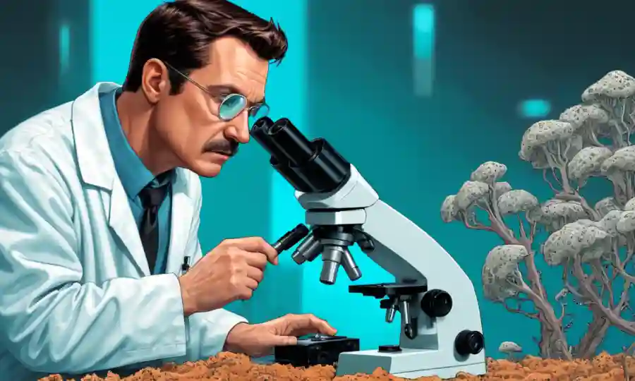 Un científico en un abrigo de laboratorio observando hifas fúngicas bajo un microscopio.