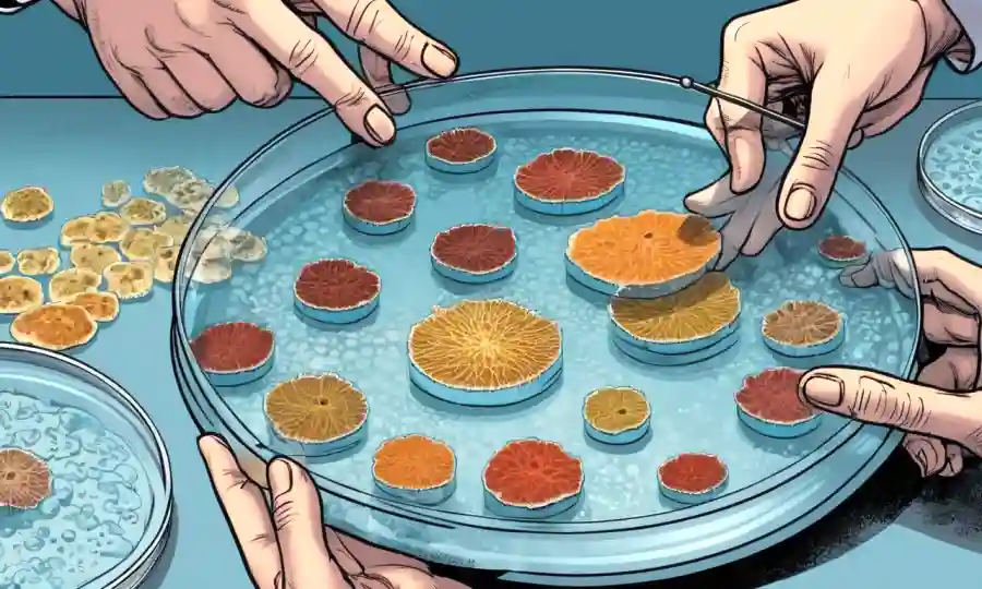 Los científicos examinan muestras fúngicas en un plato petri.