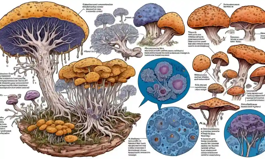 Una ilustración médica que muestra la patogénesis fúngica de mucormycosis, con imágenes diagnósticas y opciones de tratamiento alrededor.