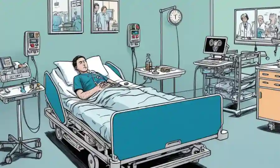 Una persona que busca ansiedad o enfermedad en una cama hospitalaria con equipos médicos que los rodean.