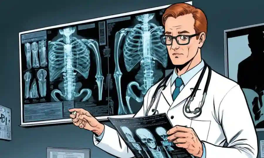Un profesional médico que examina una imagen de rayos X con información de tratamiento.
