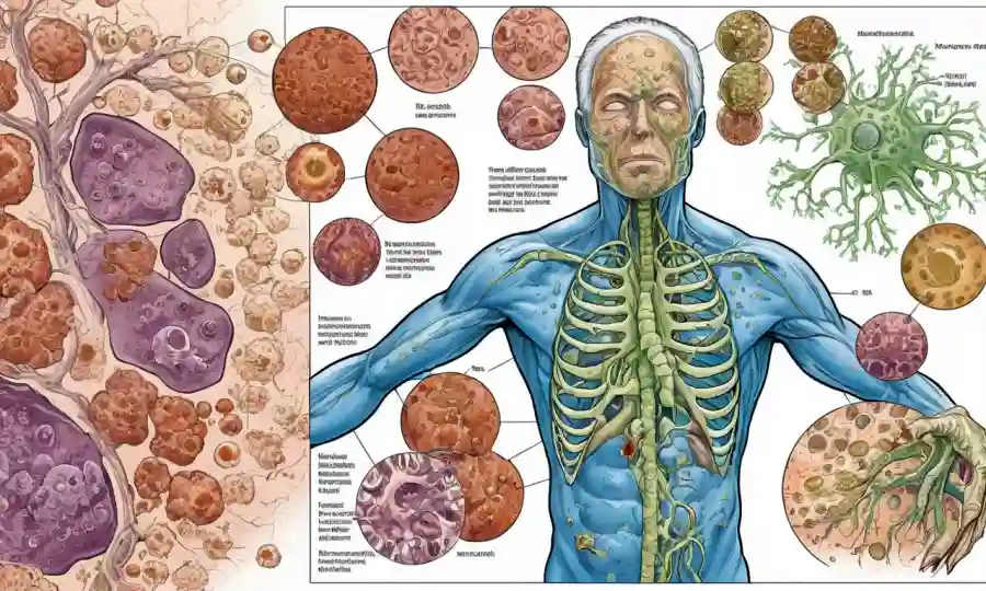 Una ilustración médica destacando varias etapas de desarrollo de Mucormicosis y vías de tratamiento.
