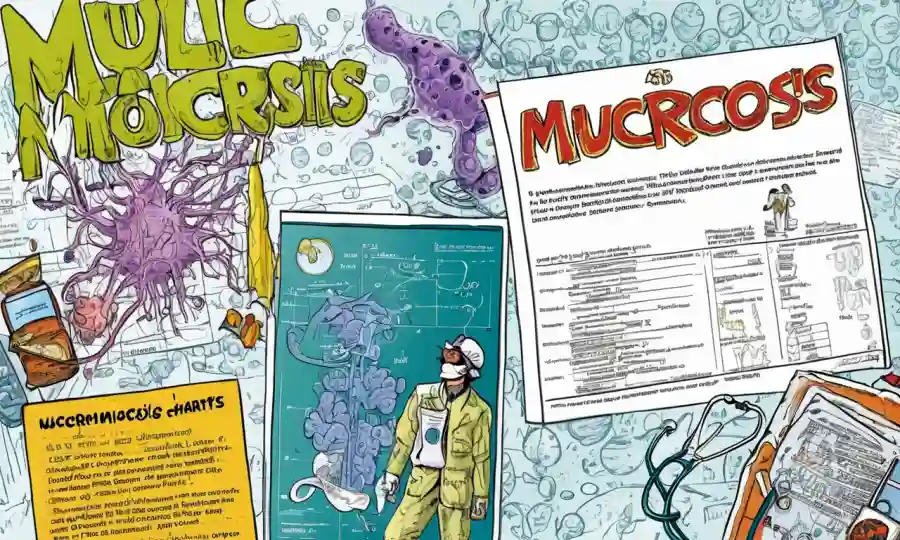 Página de título basado en texto con gráficos médicos y estadísticas que rodean el tema Mucormicosis.