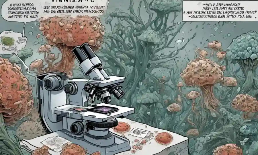 Un microscopio con ilustraciones médicas y superposiciones de texto destacando infecciones fúngicas.