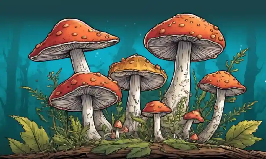 Ilustraciones coloridas de especies de hongos en diversas formas y ambientes.