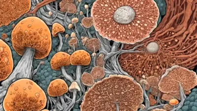 Una imagen magnificada de células fúngicas o esporas de hongos entre partes del cuerpo humano.