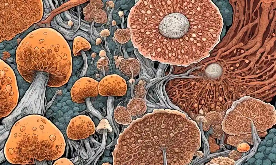 Una imagen magnificada de células fúngicas o esporas de hongos entre partes del cuerpo humano.